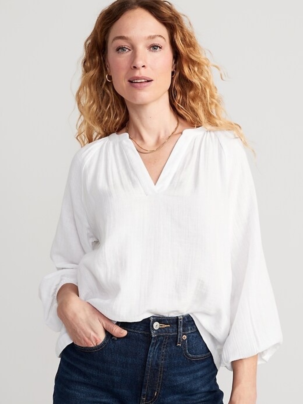 Old Navy White V-Neck Peasant Blouse with Balloon Sleeves